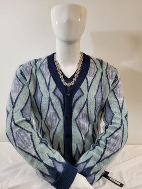 $1490 Mens AMIRI Argyle Monogram Mohair/Alpaca Cardigan Sweater Blue M Authenic